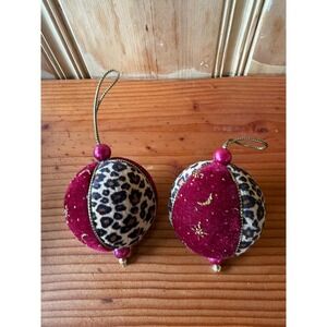 Vintage Fabric Christmas Ornaments with Leopard /Purple Velvet Fabric Set of 2